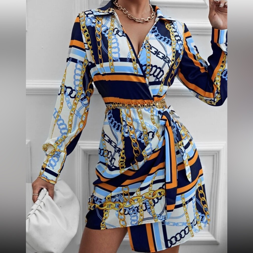 ⛓️🔥Designer Inspired Chain Print Wrap Dress - Blue and Gold